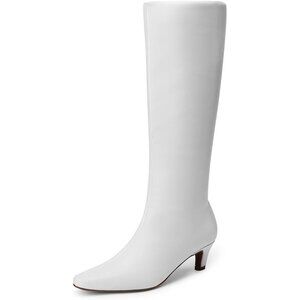 Women White Knee High Boots 2 Inch Kitten Heel Fashion Sexy Square Toe Wide Calf